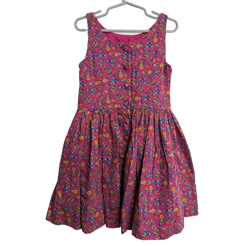 VTG Ralph Lauren Fit Flare Dress Girls 7 Pink Blue Floral Button Back Sleeveless